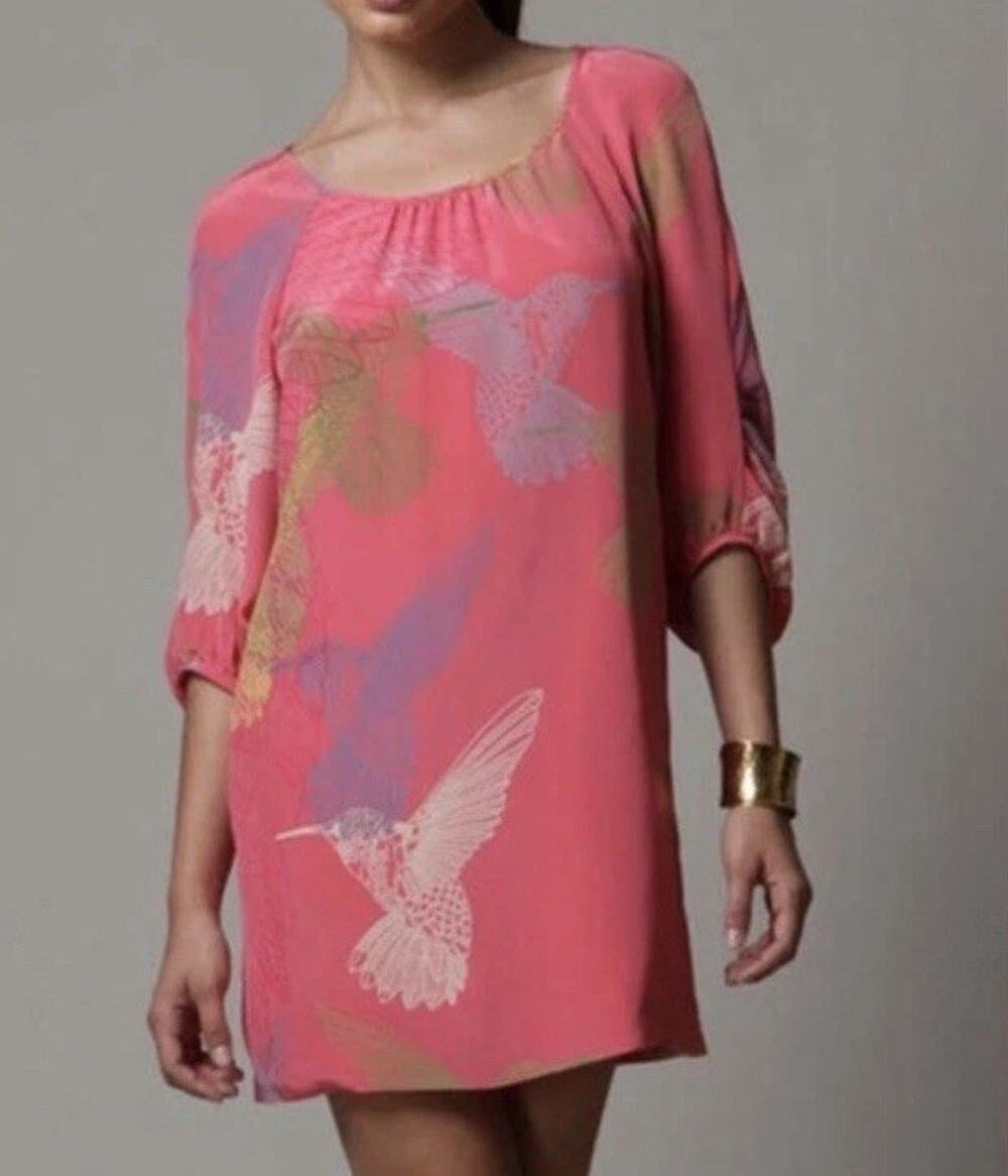 TIBI 100% Silk Shift Dress Women’s 6 Lined Hummingbird Print Whimsical Tropical